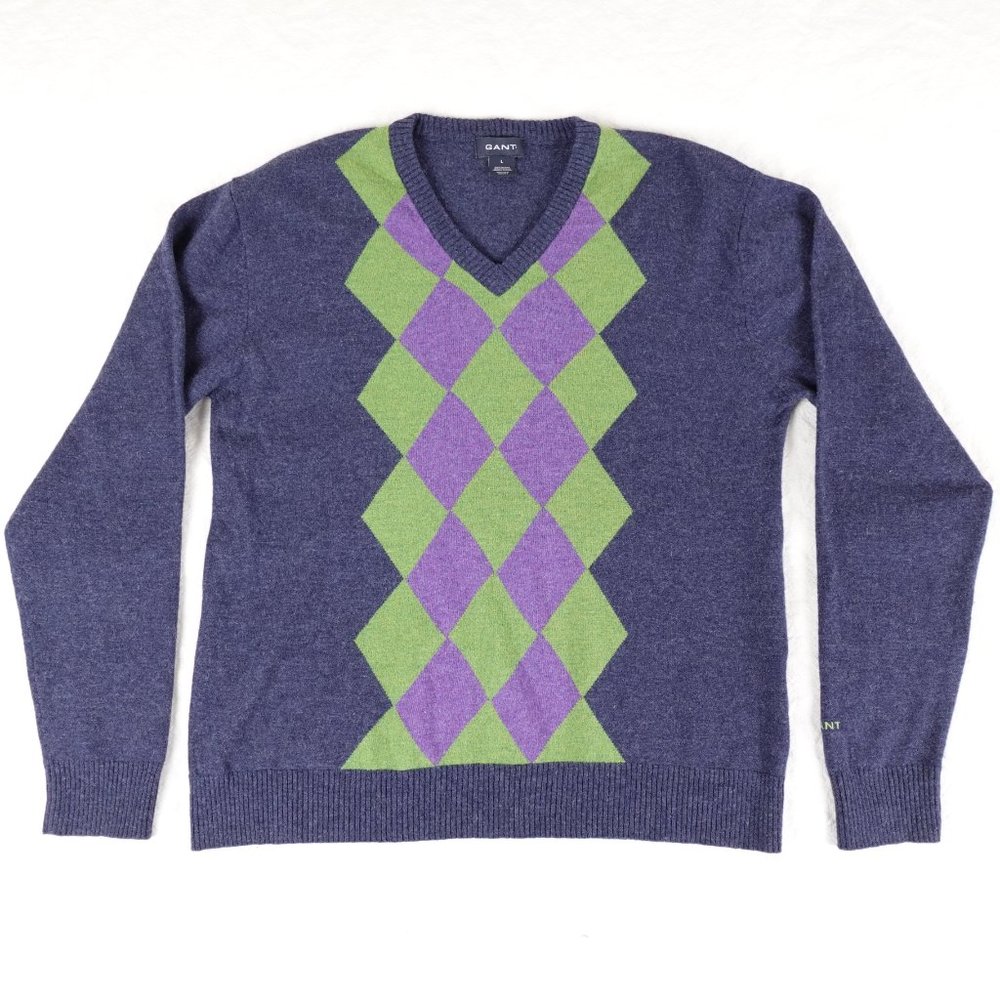Gant Lambswool Argyle Sweater Men's Large Lightweight V-Neck Pullover